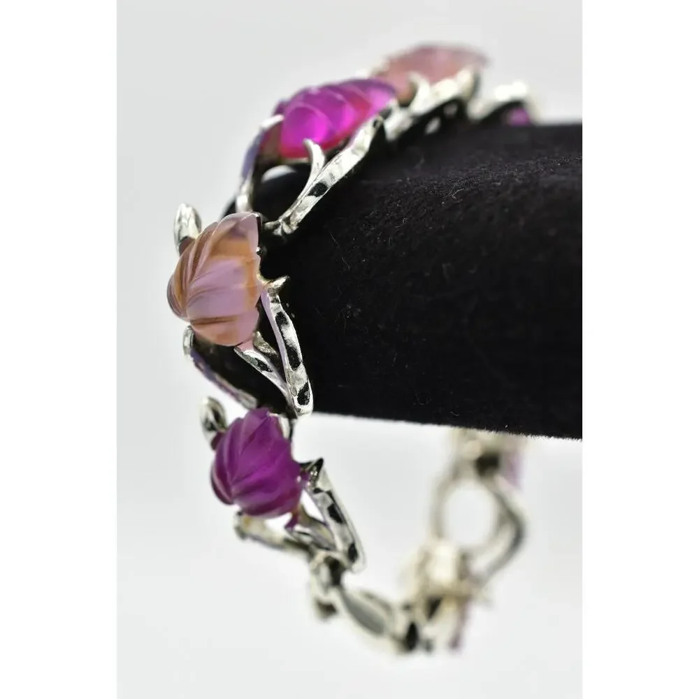 Star Vintage Choker Bracelet Purple Lucite Leaf Silver Chunky Signed 1940s BinAW